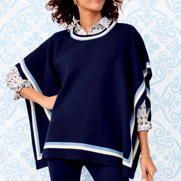 Talbots Sweaters - Talbots NWT Navy Blue Crewneck Heavy Knit Poncho M/L Medium Large Striped‎